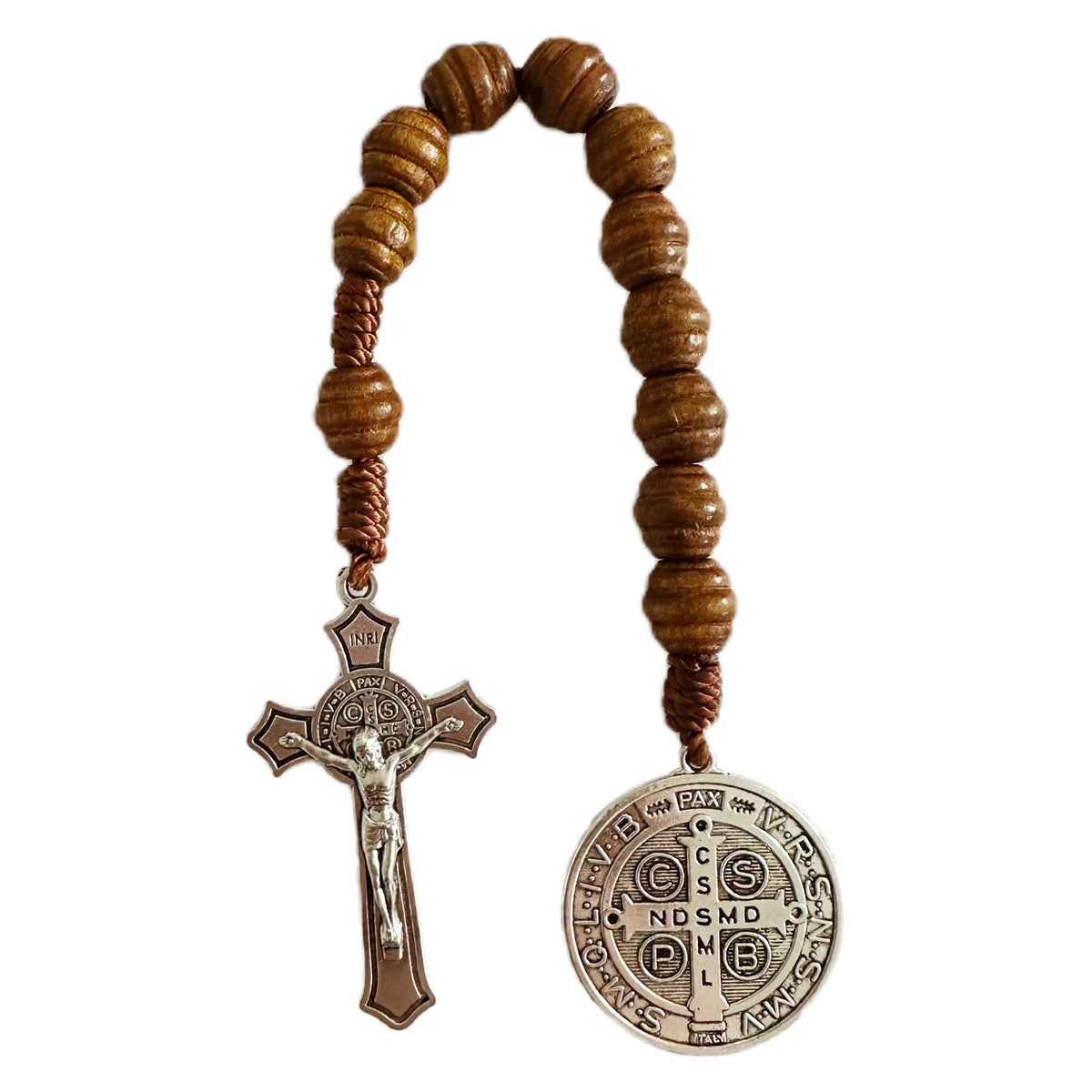 Saint Benedict Medal Prayer Pocket Rosary Catholic Brown Wood Beads with Saint Benedict Medal and Crucifix, 9 Inch