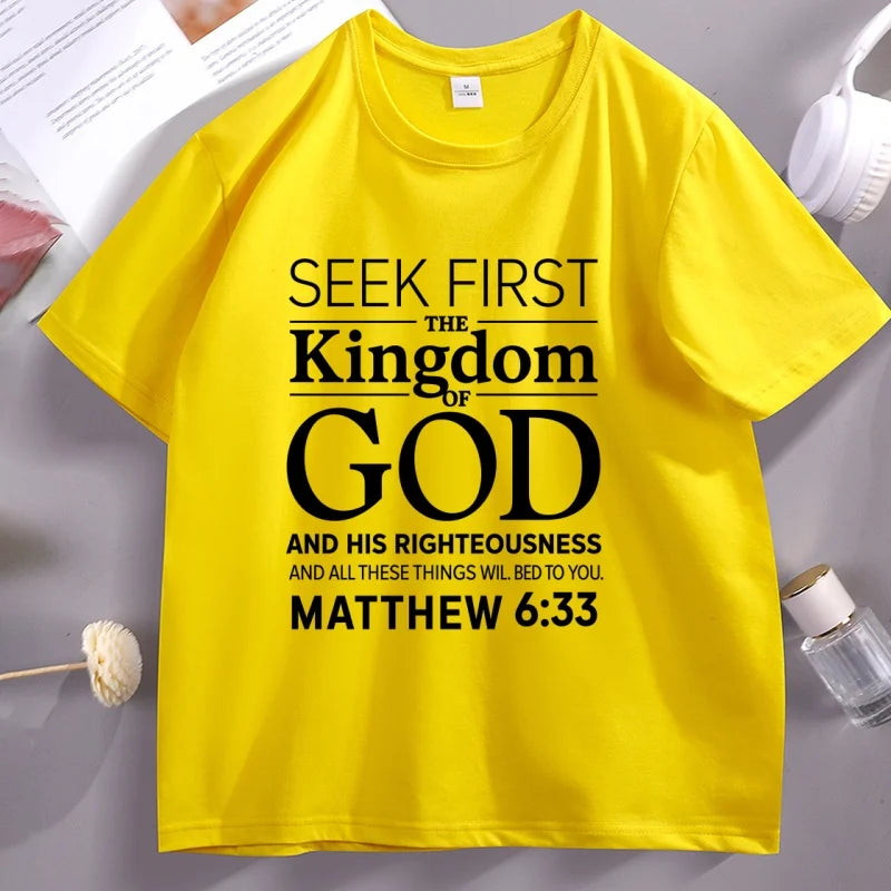 Christian Men T Shirt Bible Verse T-Shirt Christian Merch Cross Jesus Seek First The Kingdom Tshirt Casual Round Neck Clothes