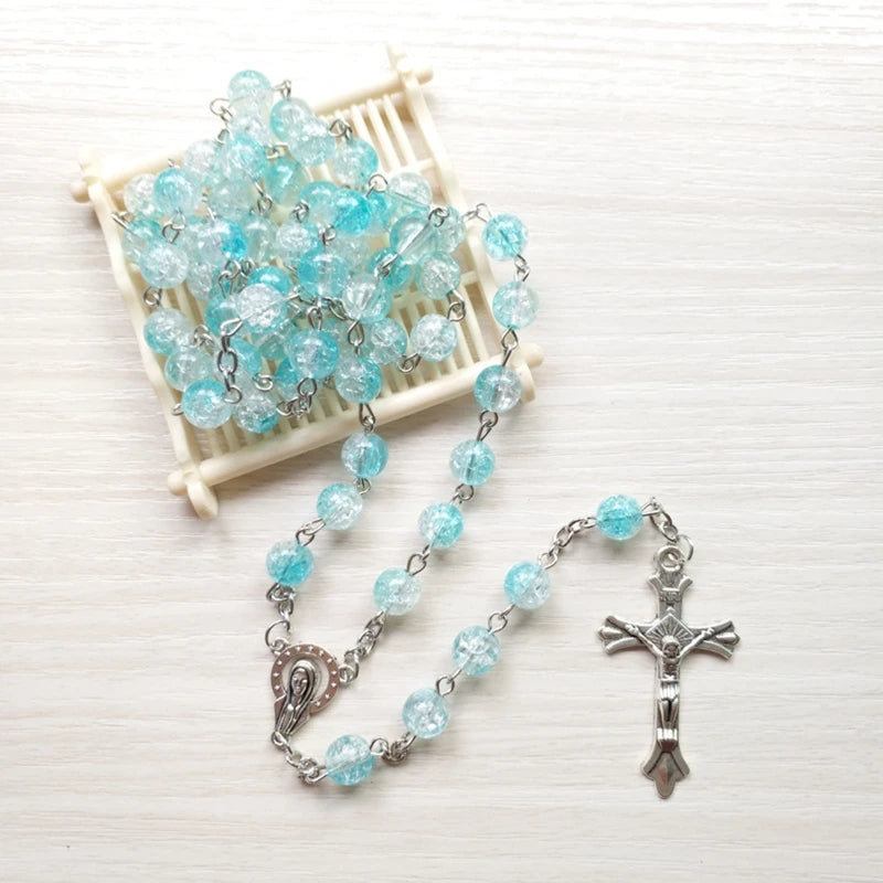 Rosary Glass Beads Catholic Necklace with Jesus Crucifix for Cross, First Communion Gifts, Confirmation Gifts for Te