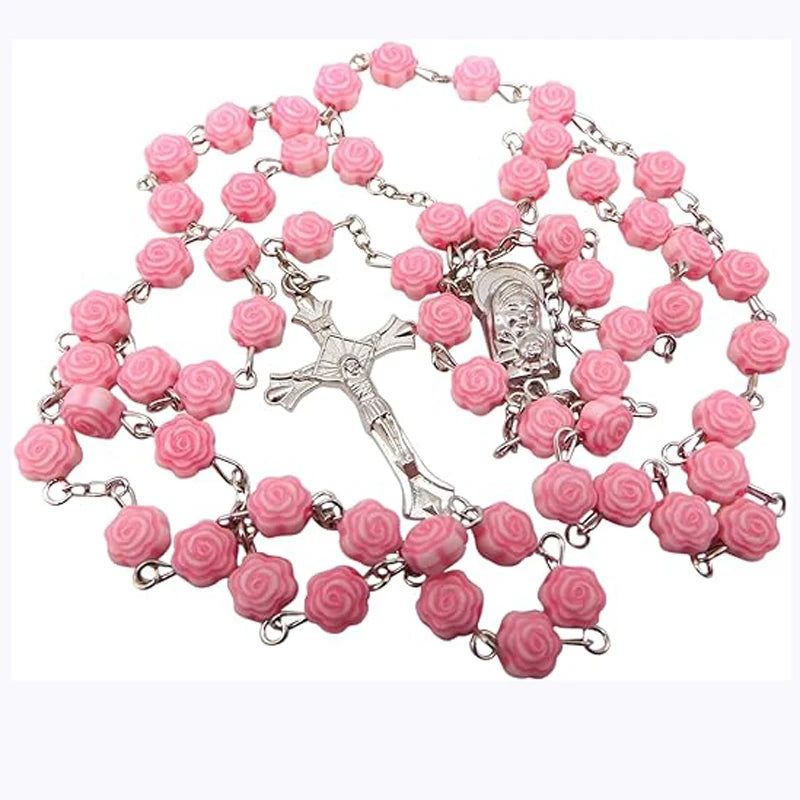 First Communion Rosary Set for Girls with Pink Rose Shaped Bead Pendant Necklace for Girls Catholic Gifts
