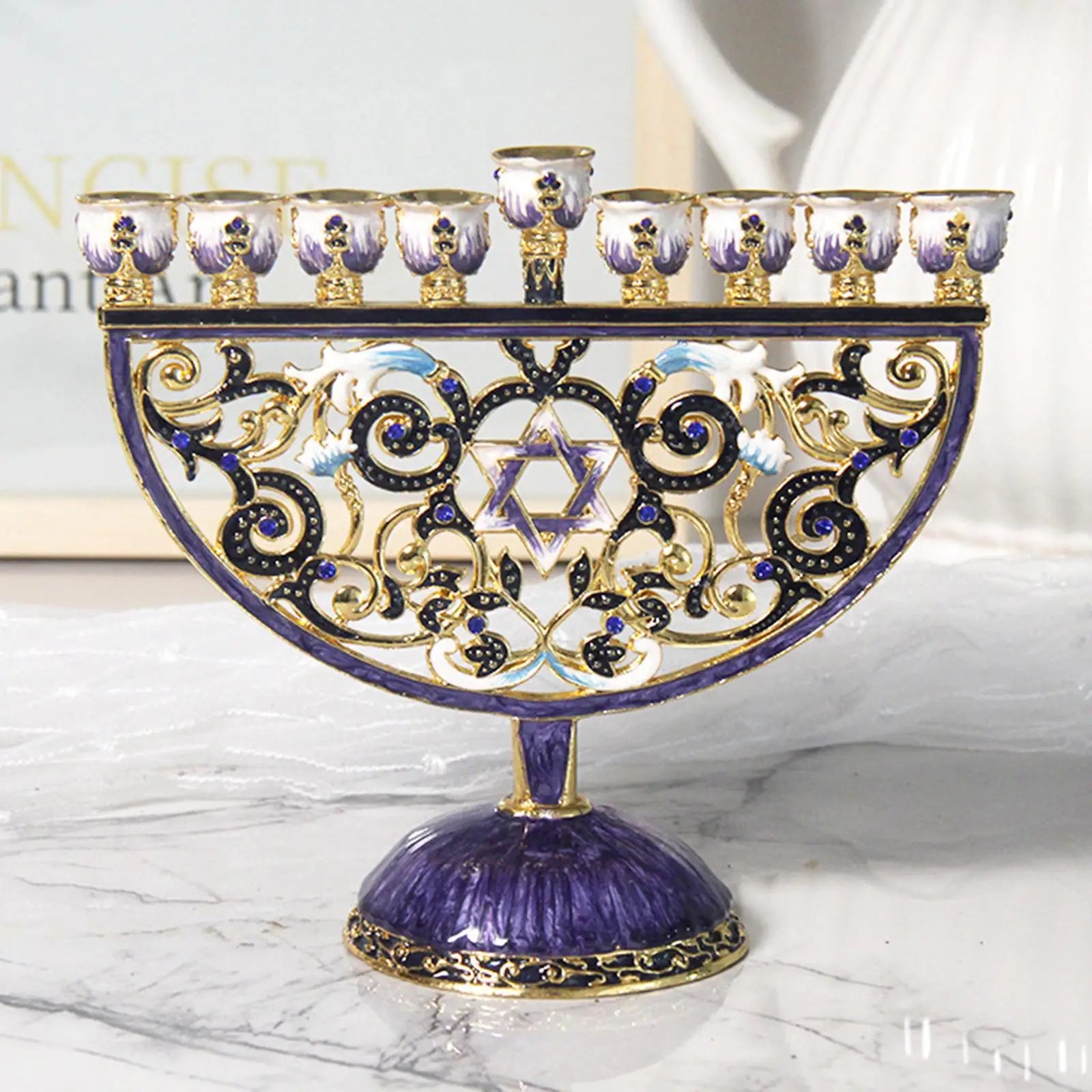 9 Branches Candelabrum Hanukkah Menorah Judaism Star of David Enamel Candlesticks Chanukah Candelabra Embellished Crystals Xmas