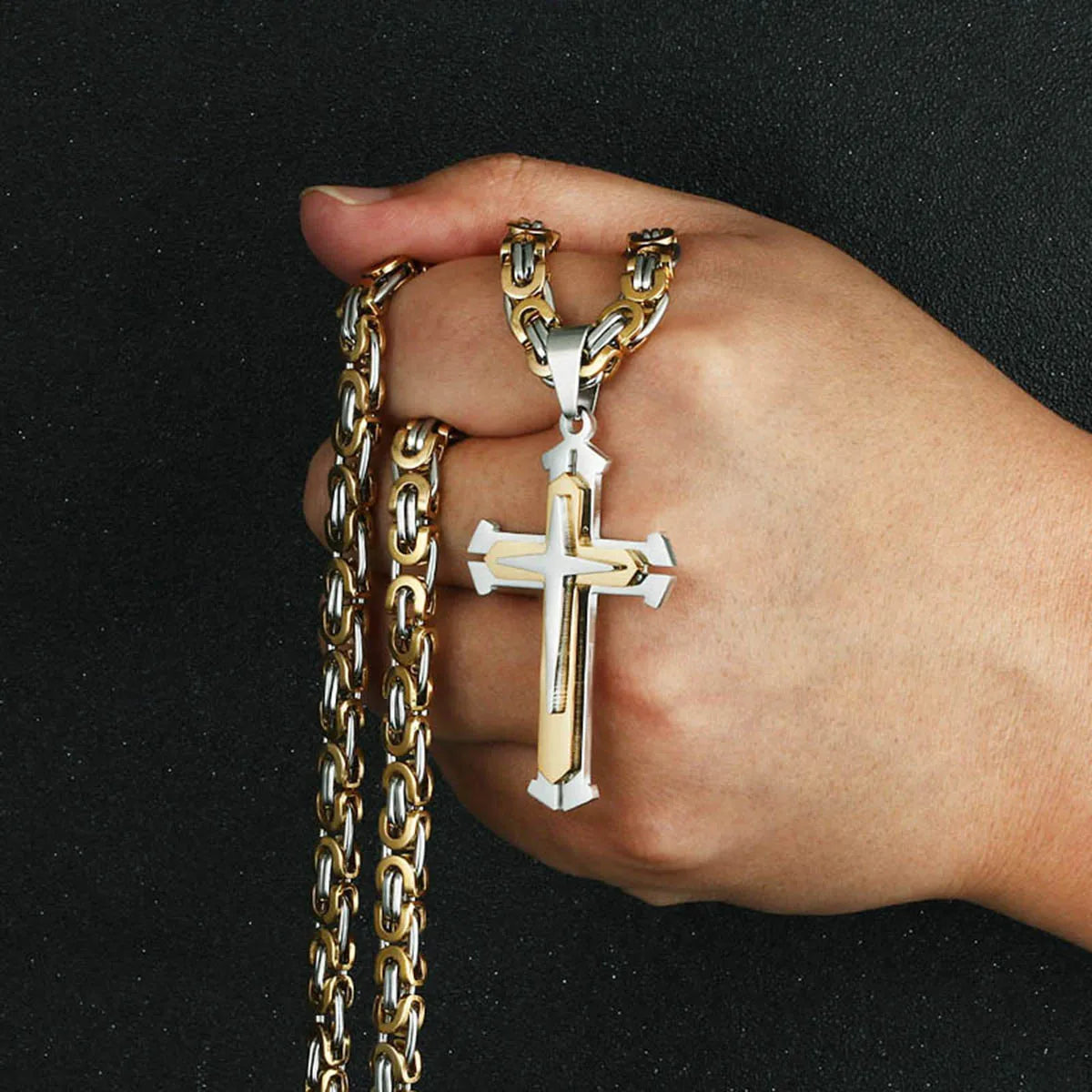 Three Layers Knight Cross Pendants Necklace for Men Stainless Steel Byzantine Link Chain Necklace Male Punk Jewelry Gift