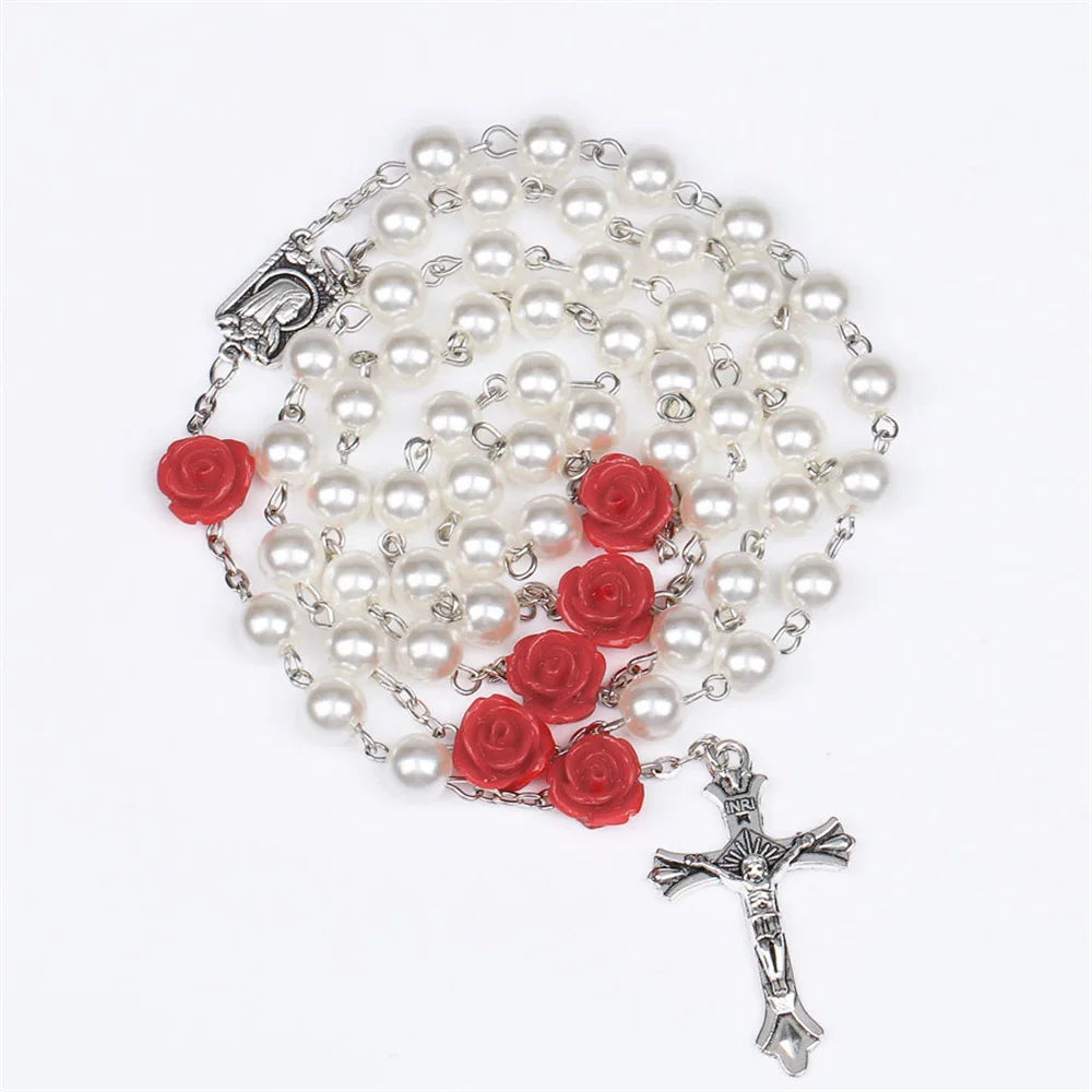6MM Pink Rosary Necklace For Women Rose Glass Beads Chain Crucifix Cross INRI Pendant Men Religious Prayer Long Jewelry
