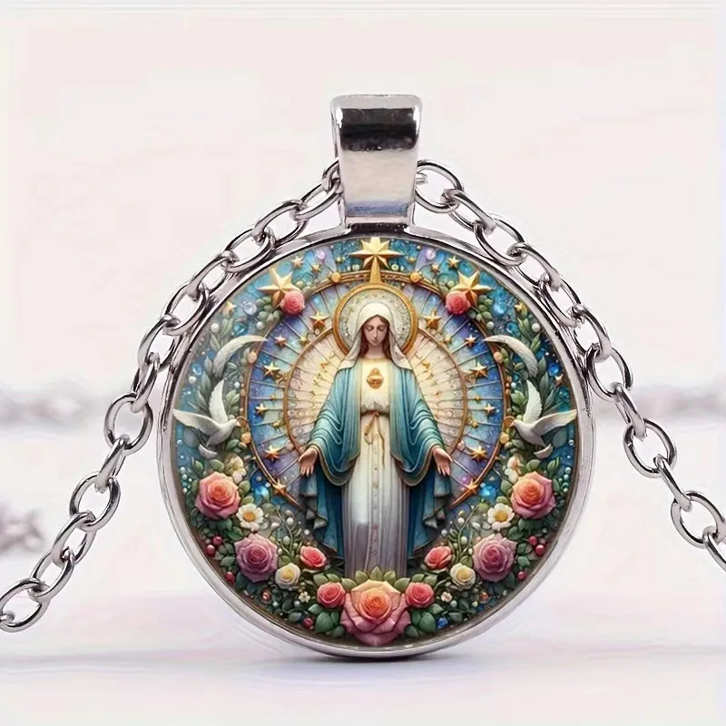 The Holy Family Glass Pendant Necklace Catholic Saint Joseph Virgin Mary Jesus Necklace Jewelry Christmas Gifts