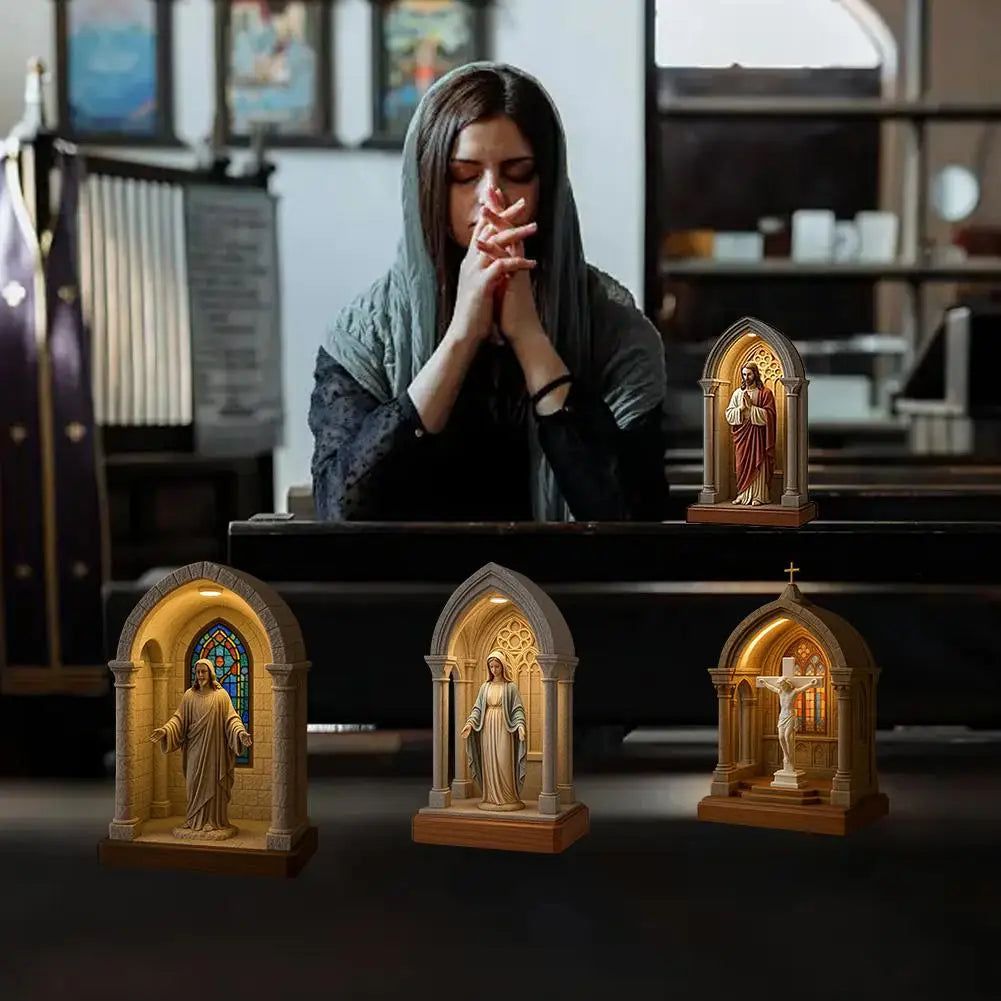 Jesus Statue Virgin Mary Resin Ornament 6" Figurine with Light Ideal Religious Gift for Baptisms Communions Wedding