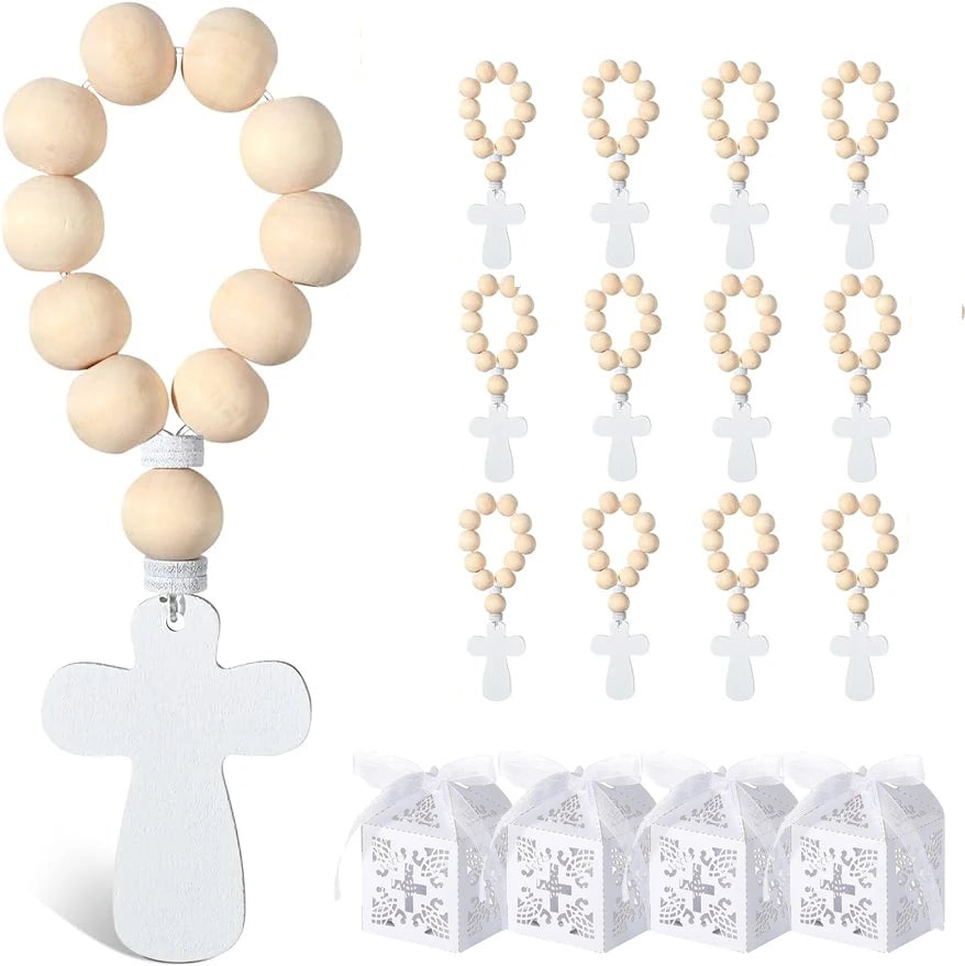 6/12/18PCSWooden Rosary Cross Pendant with White Gift Box for Boys Girls First Holy Communion Baptism Wedding Thank You Gift