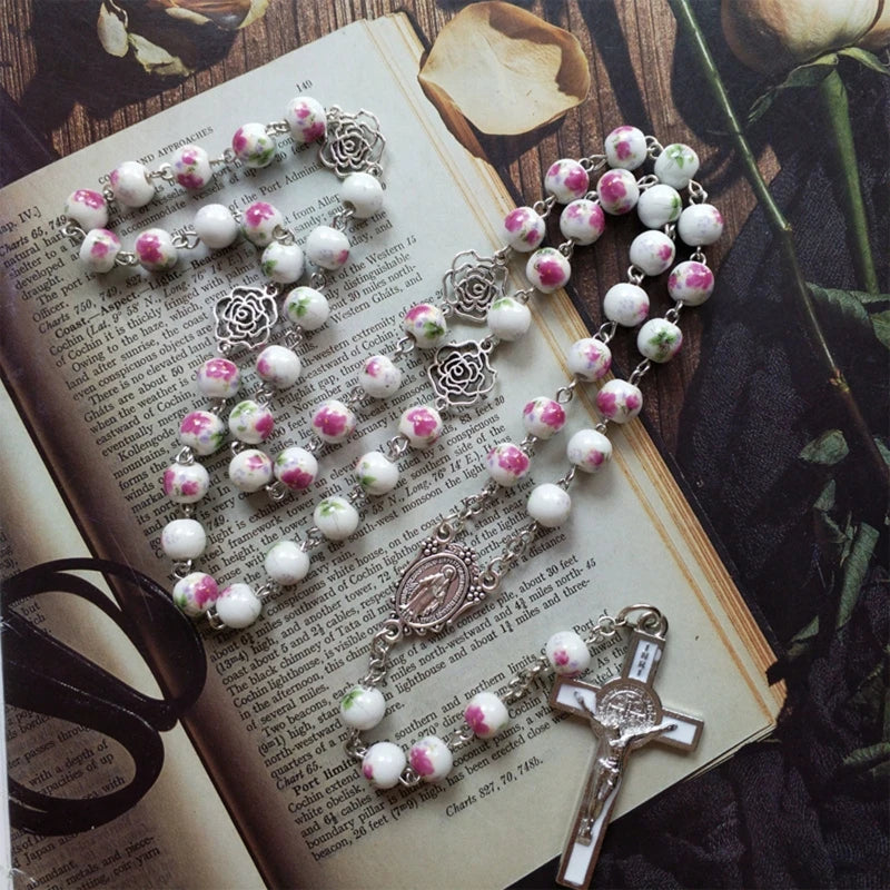 Rosary Glass Beads Catholic Necklace with Jesus Crucifix for Cross, First Communion Gifts, Confirmation Gifts for Te