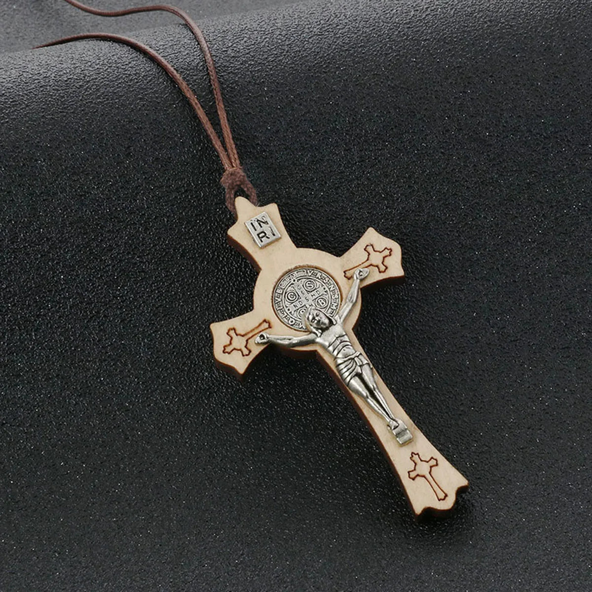 Natural Wood Saint Benedict Crucifix Cross Pendant Necklace Adjustable Leather Rope Chains CSPB INRI Jewelry