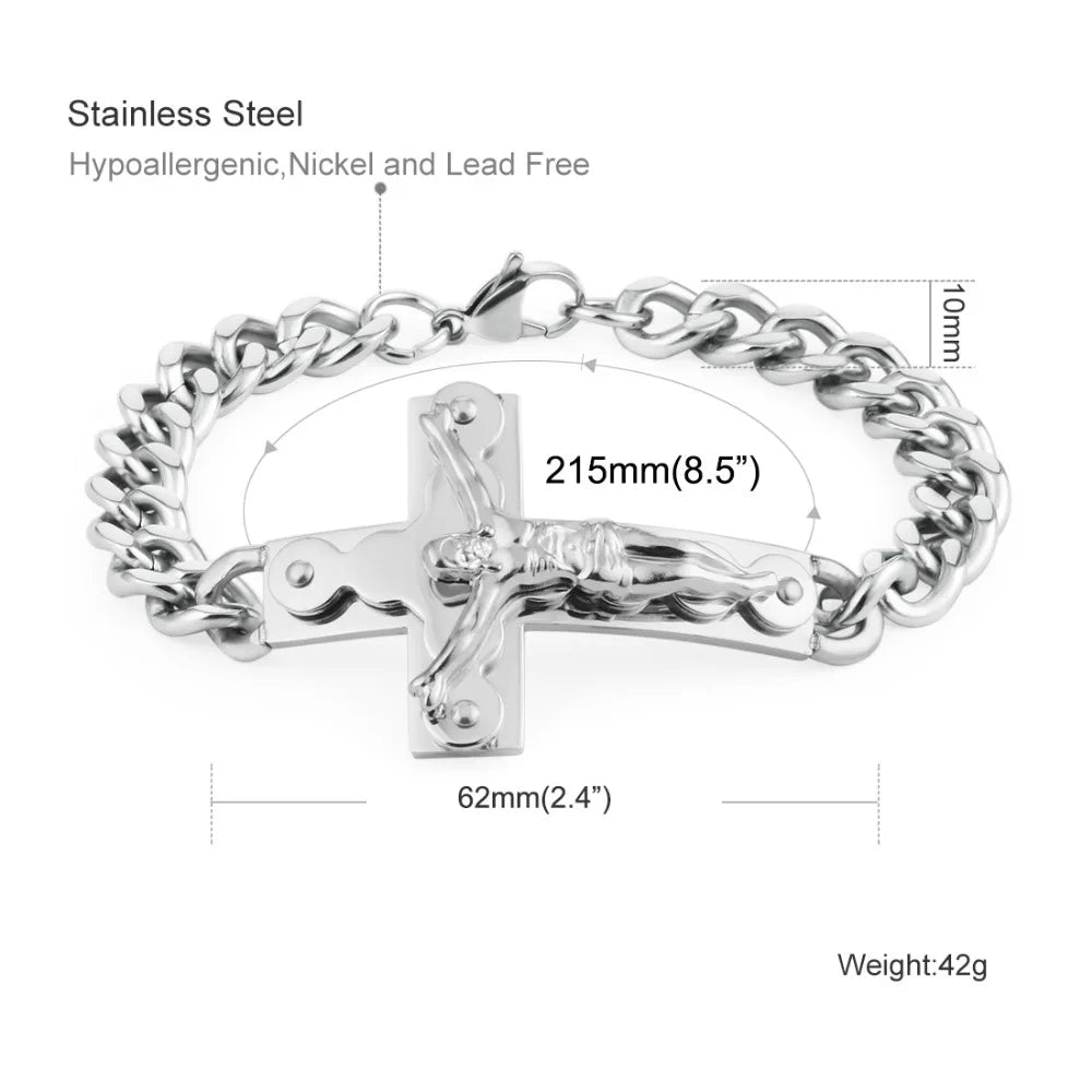 Crucifix Jesus Cross Charm Bracelets Stainless Steel Cuff Bracelets for Men Metal Cuban Hand Chain Religious Male Punk Jewelry