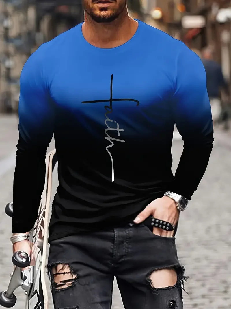 Christian Letter Pattern JESUS Vintage Men's T-Shirt Long Sleeve Crew Neck 3D Printed T-Shirt Sports Oversized Men Clothing