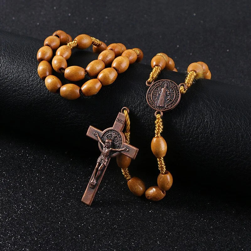 Handmade Weave Saint Benedict Medal Antique Wooden Rosary Cross Car Ornament Vintage Catholic Religious Jesus Auto Decor