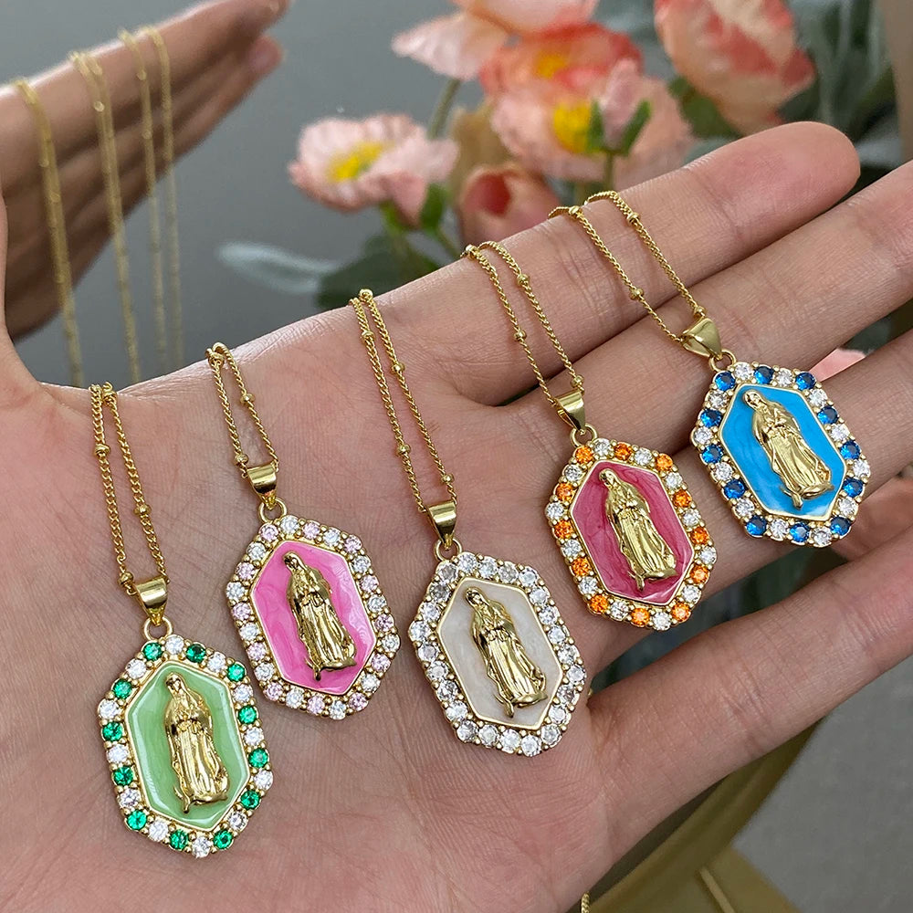 Religious Virgin Mary Medal Necklace for Women Men Rainbow Enamel Rhinestone Pendant Necklaces Catholic Christian Collar Jewelry