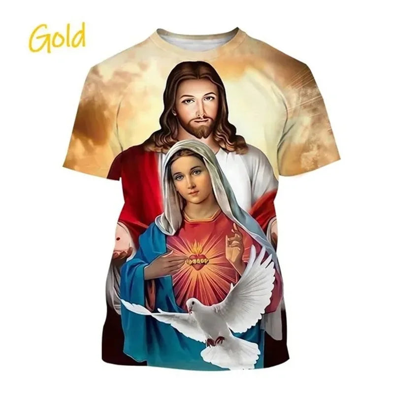 Christian Mother Of God Virgin Mary T-Shirt For Men Jesus Loves Casual Crew Neck Tee Tops Short Sleeve Oversized Men Tshirt