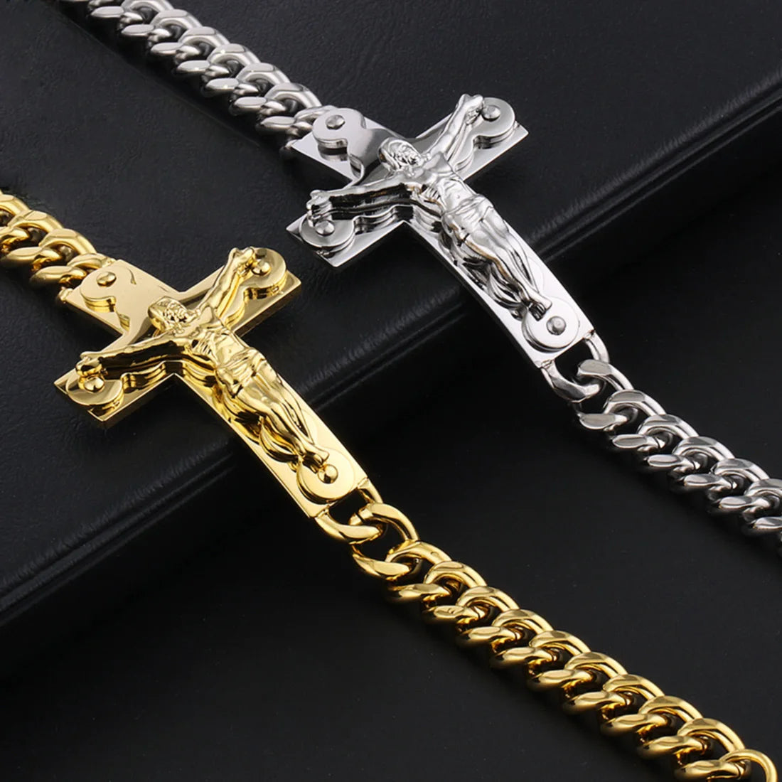 Crucifix Jesus Cross Charm Bracelets Stainless Steel Cuff Bracelets for Men Metal Cuban Hand Chain Religious Male Punk Jewelry