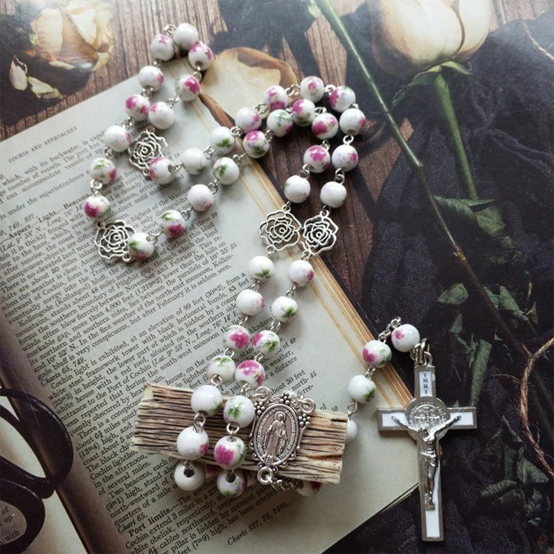 Rosary Glass Beads Catholic Necklace with Jesus Crucifix for Cross, First Communion Gifts, Confirmation Gifts for Te