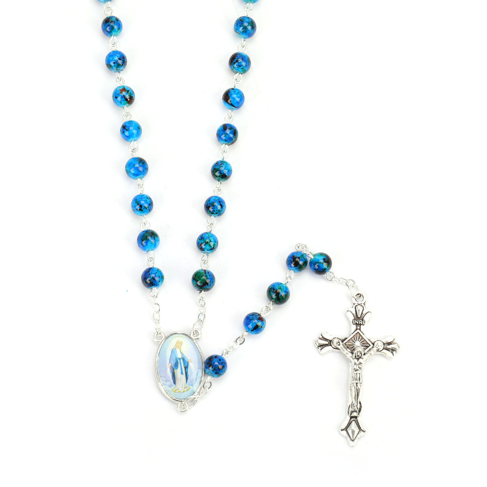 Catholic Rosary Small Size Round Blue Glass Beads Virgin Mary Jesus Necklace