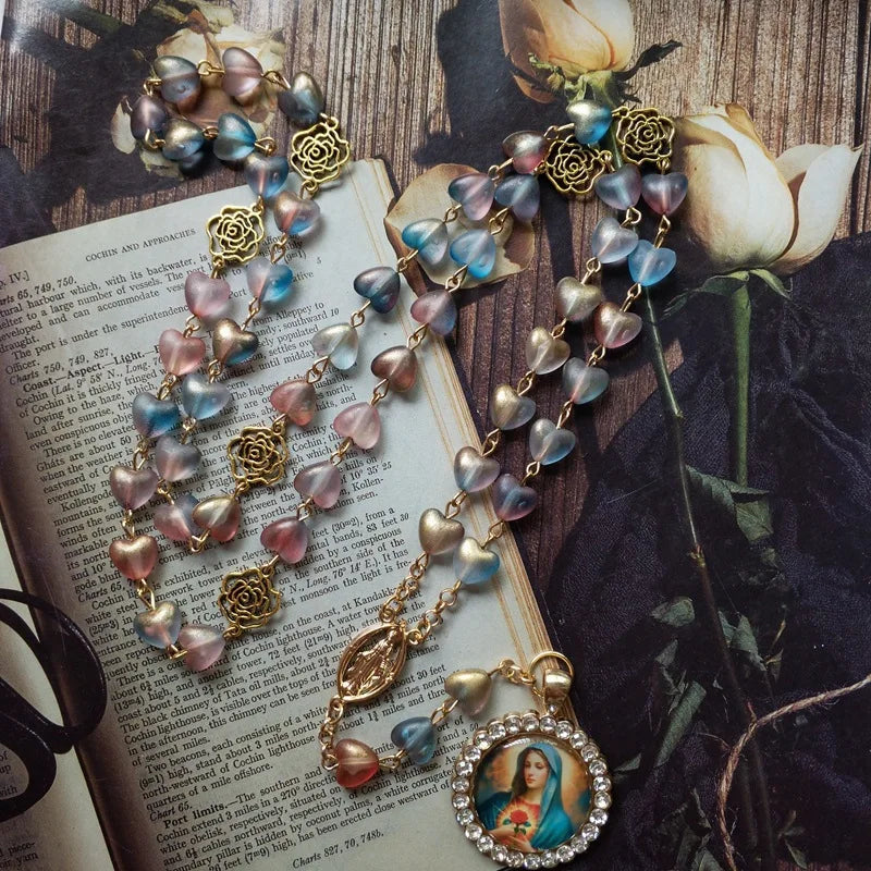 Catholic Rosary Mary Blessing Rosary Prayer Necklace with Amulet Virgin Mary for Cross Pendant Rosary Wall Mounted Necklace