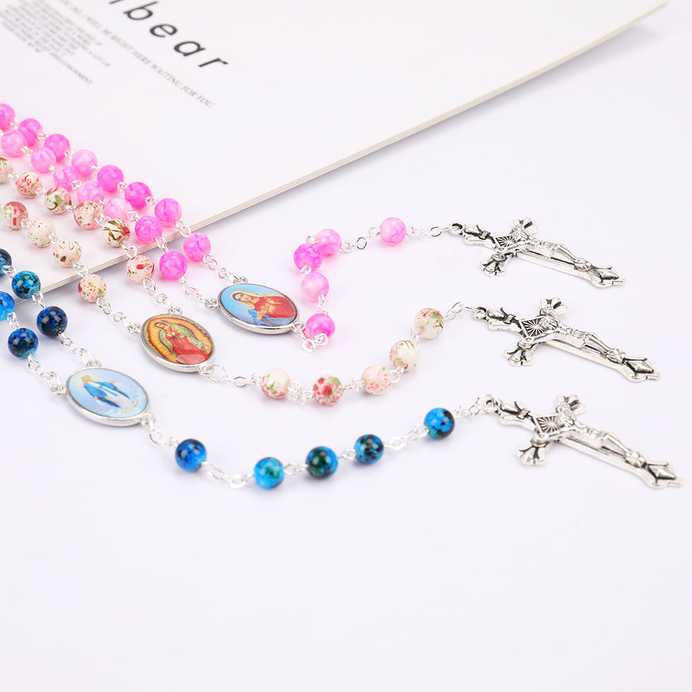 Catholic Rosary Small Size Round Blue Glass Beads Virgin Mary Jesus Necklace