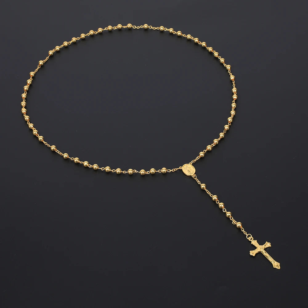 6MM Rosary Necklaces For Women Men Long Gold Silver Color Chain Crucifix Cross Pendant Necklace Religious Prayer Jewelry Gift