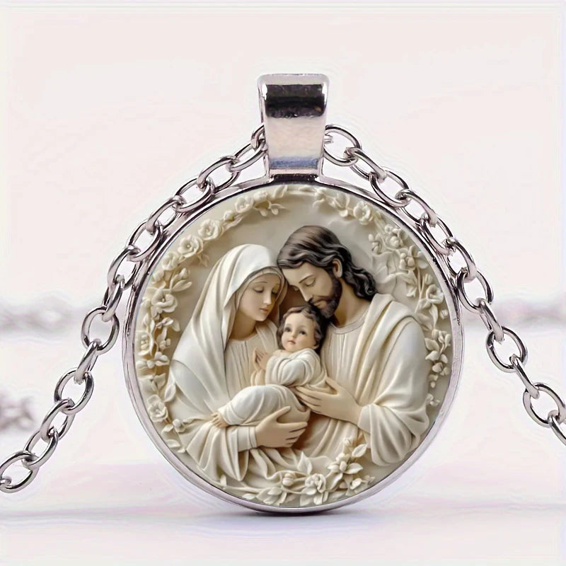 The Holy Family Glass Pendant Necklace Catholic Saint Joseph Virgin Mary Jesus Necklace Jewelry Christmas Gifts