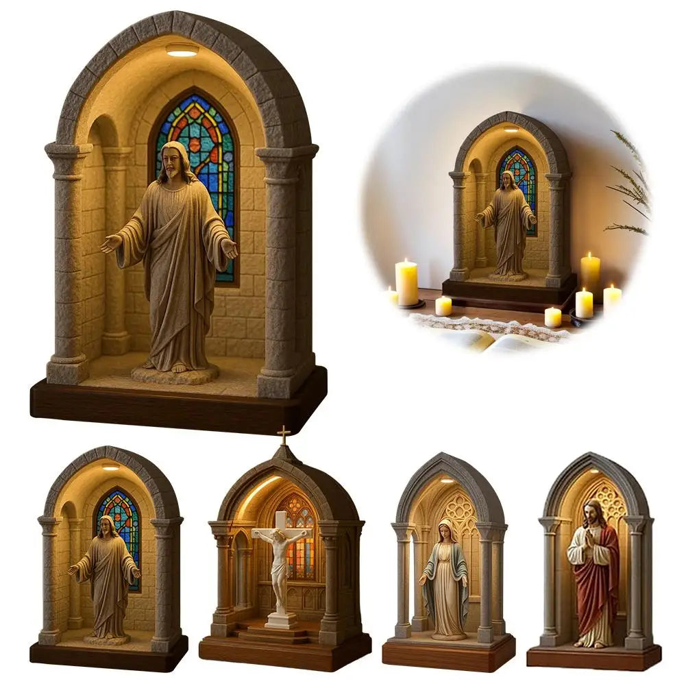 Jesus Statue Virgin Mary Resin Ornament 6" Figurine with Light Ideal Religious Gift for Baptisms Communions Wedding