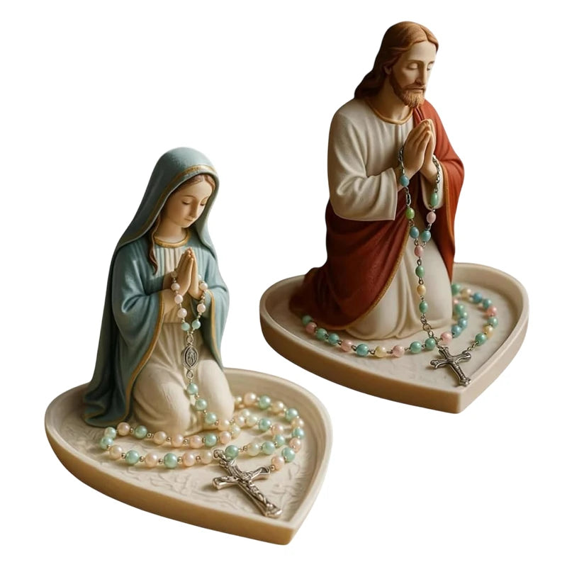 Virgin Mary Rosary Holder,Elegant Our Lady Prayer Rosary Box Religious Gift Catholic Gift, Mary And Jesus Heart Statue Tray