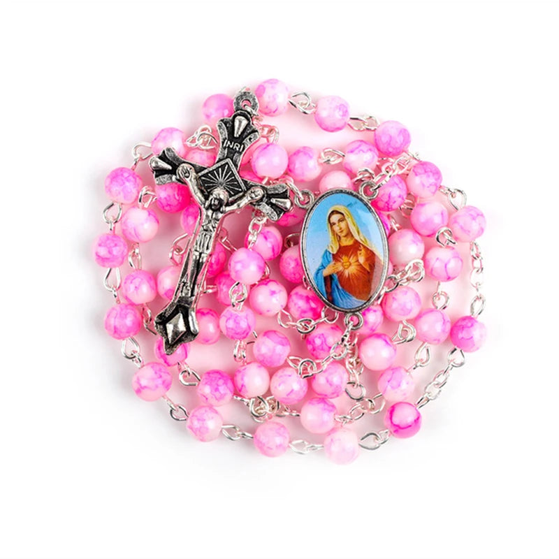 Catholic Rosary Small Size Round Blue Glass Beads Virgin Mary Jesus Necklace