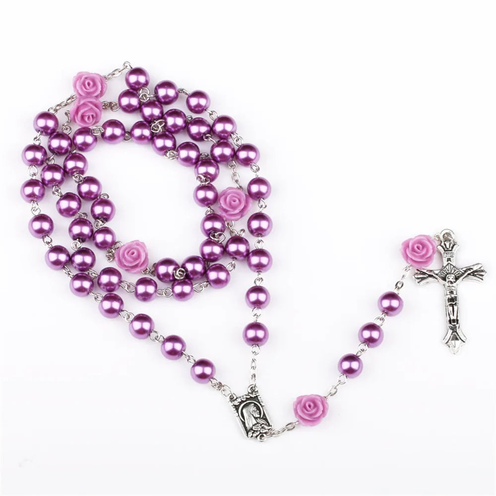 6MM Pink Rosary Necklace For Women Rose Glass Beads Chain Crucifix Cross INRI Pendant Men Religious Prayer Long Jewelry