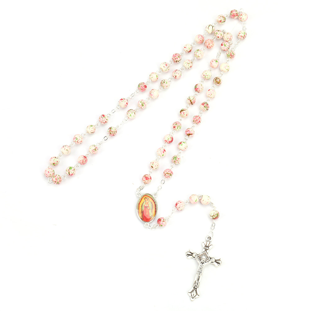 Catholic Rosary Small Size Round Blue Glass Beads Virgin Mary Jesus Necklace