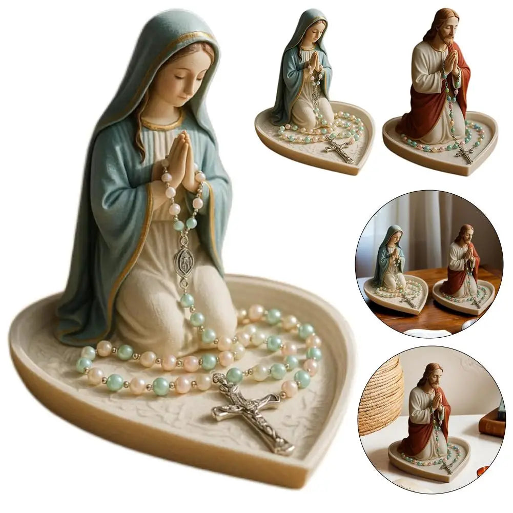 Virgin Mary Rosary Holder Statue Resin Elegant Our Lady Prayer Rosary Box Our Lady of Grace Statue Desktop Ornaments Home Decor