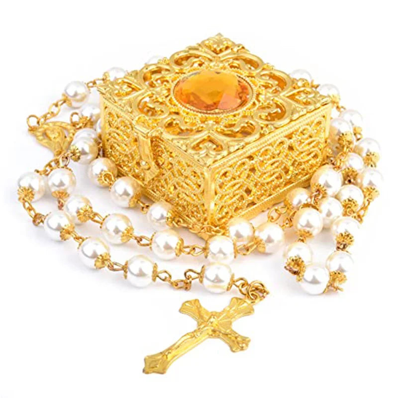 Rosary Beads Catholic Necklace Mary for Men Women Kids First Communion Long Rosary Cross Pendant Necklaces Metal Gift Box New