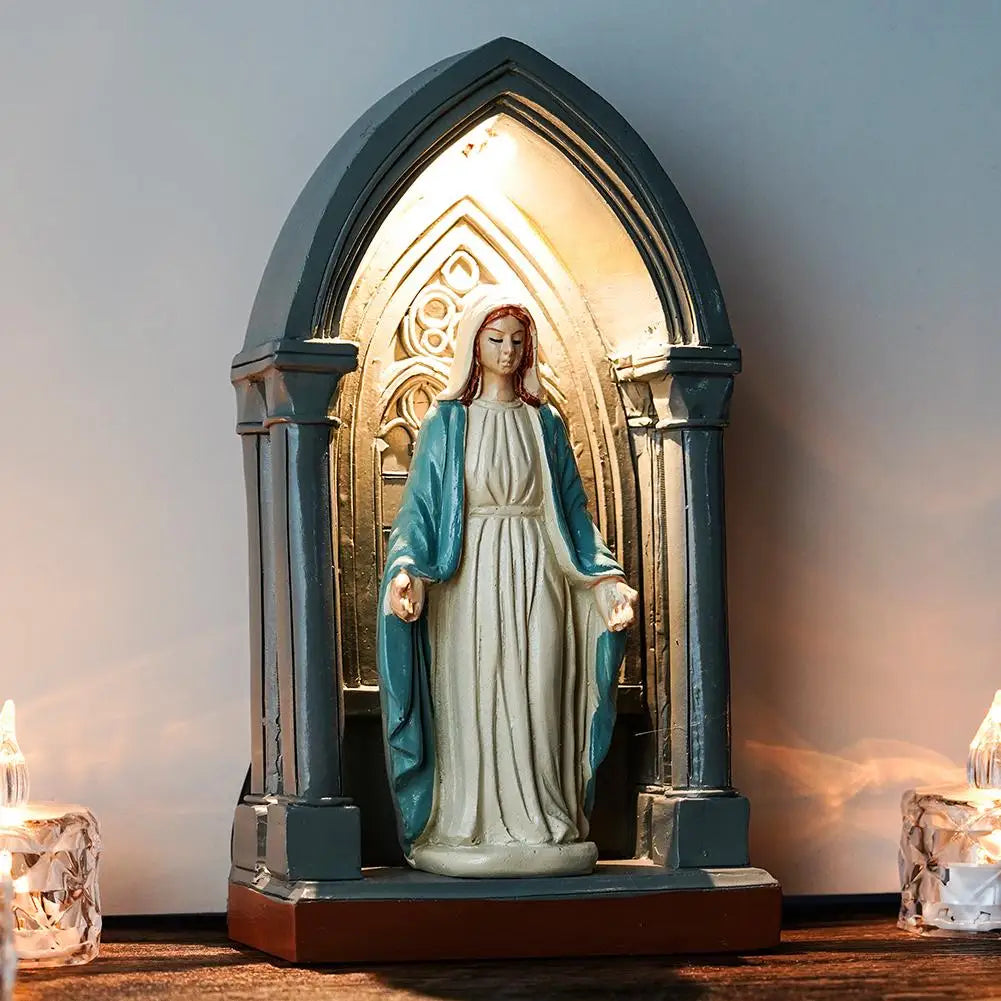 Jesus Statue Virgin Mary Resin Ornament 6" Figurine with Light Ideal Religious Gift for Baptisms Communions Wedding
