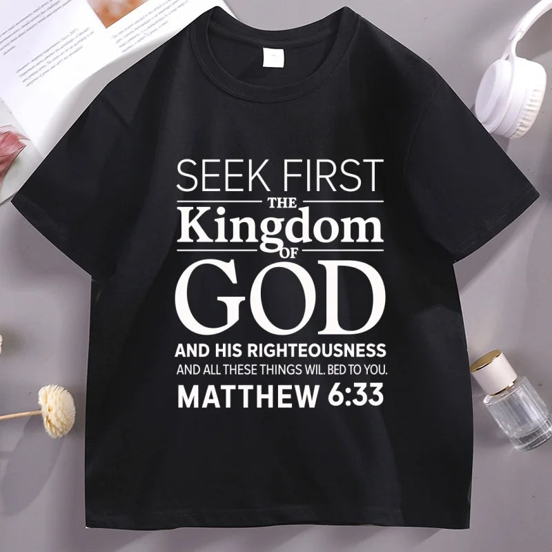 Christian Men T Shirt Bible Verse T-Shirt Christian Merch Cross Jesus Seek First The Kingdom Tshirt Casual Round Neck Clothes