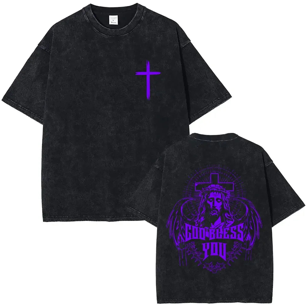 2026 Spring summer Vintage Christian Jesus Blessing From God Graphic T-shirt Men Women Clothing Fashion Casual  Crewneck T Shirt