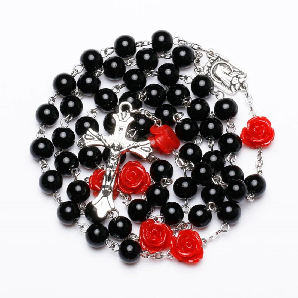 6MM Pink Rosary Necklace For Women Rose Glass Beads Chain Crucifix Cross INRI Pendant Men Religious Prayer Long Jewelry