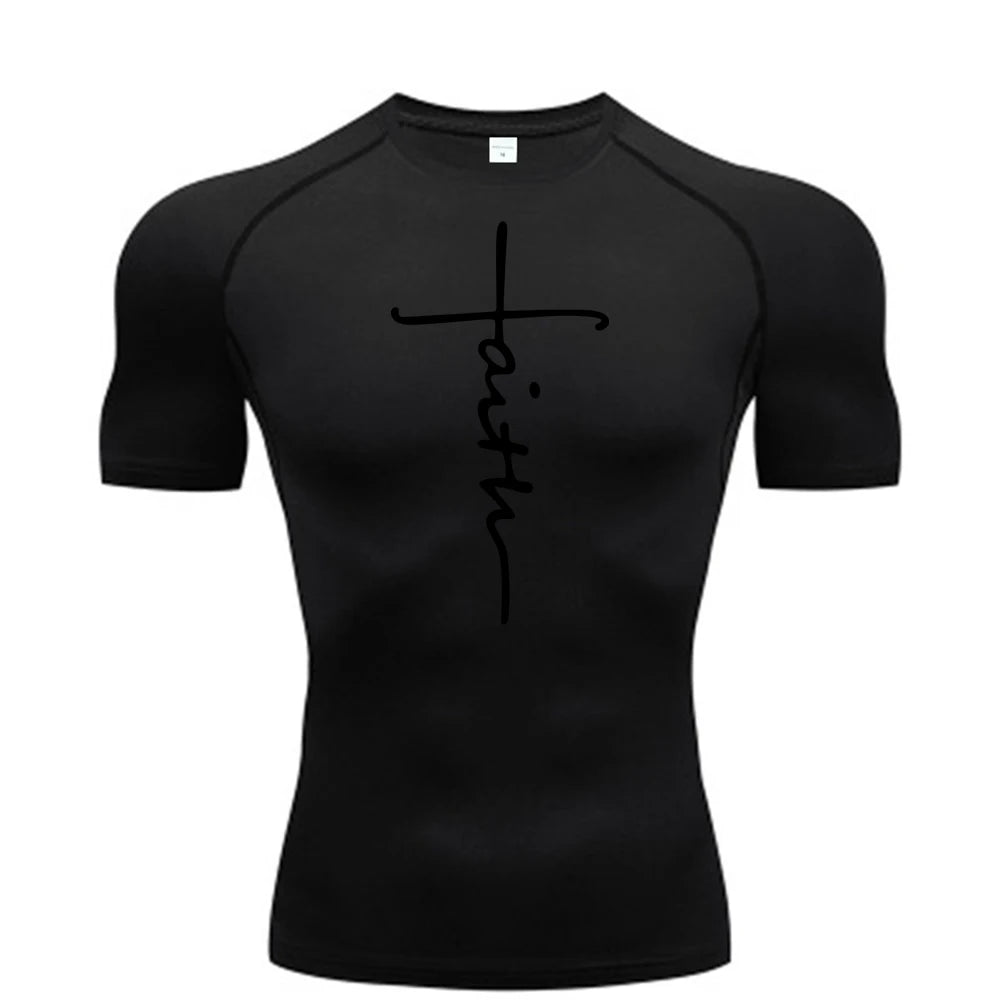 Christian exercise compression shirt, sports quick-drying T-shirt, men's gym fitness sweatshirt, top, short-sleeved, rash guard