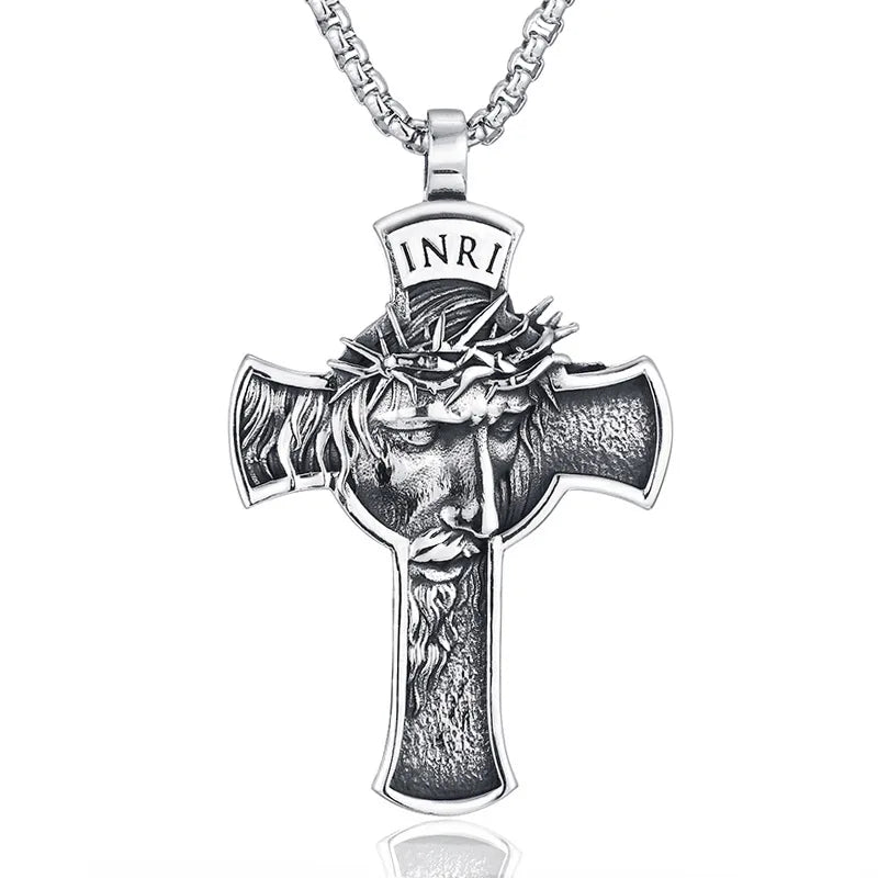 Stainless Steel Titanium Human Head Cross Jesus Hip Hop Pendant Collar Chains Necklace for Women Men Gift Fashion Jewel