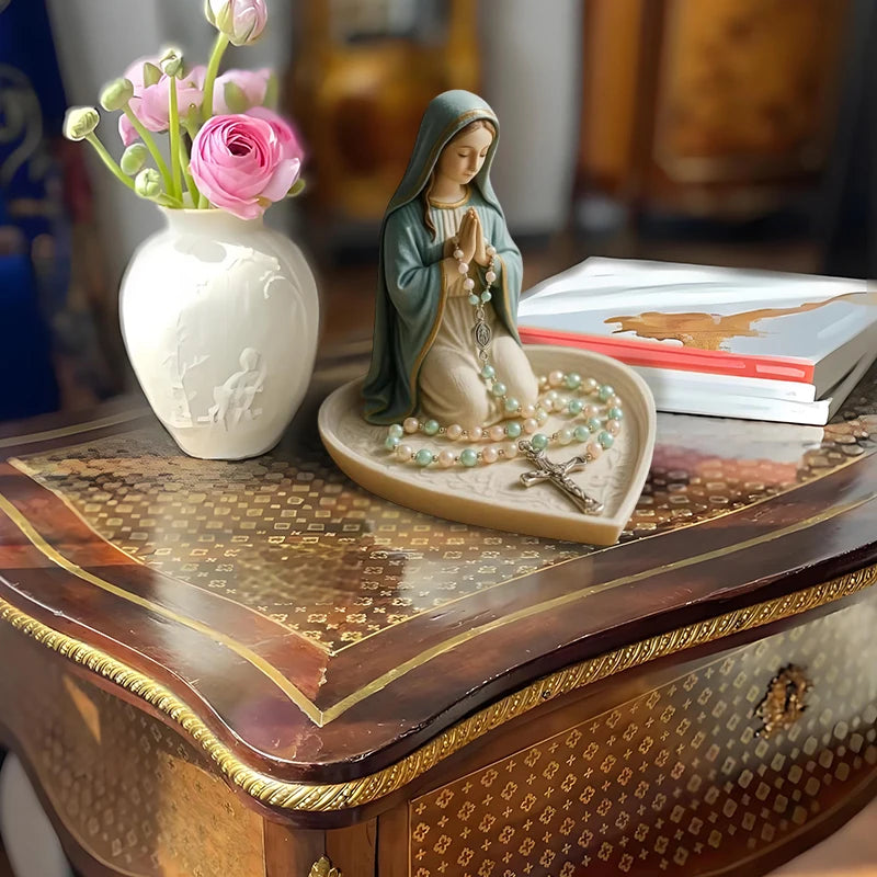 Virgin Mary Rosary Holder,Elegant Our Lady Prayer Rosary Box Religious Gift Catholic Gift, Mary And Jesus Heart Statue Tray