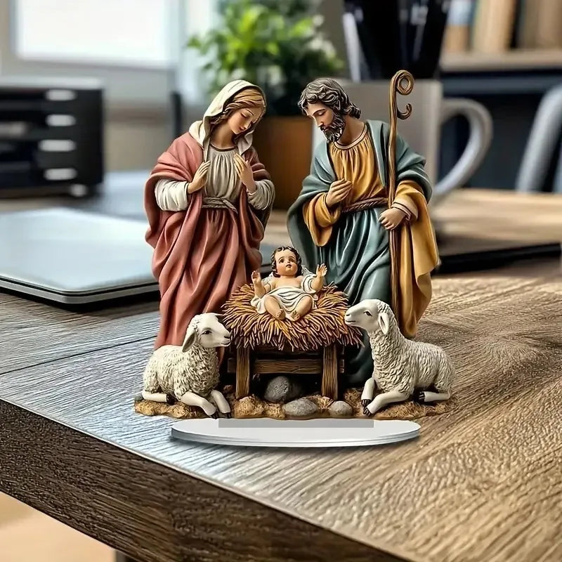 Nativity Scene white Statue,2D Flat Jesus Acrylic Figurine,Home,Office,Cafe,room,Studio,Table Ornament Christian Religion Decor