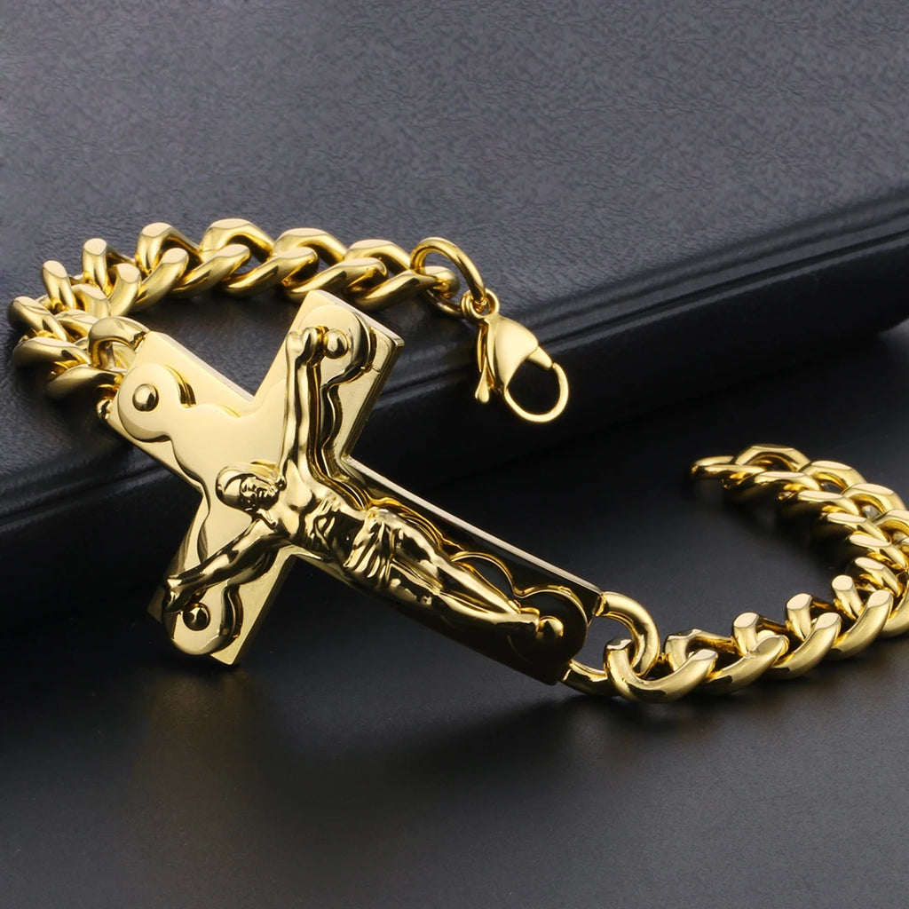 Crucifix Jesus Cross Charm Bracelets Stainless Steel Cuff Bracelets for Men Metal Cuban Hand Chain Religious Male Punk Jewelry