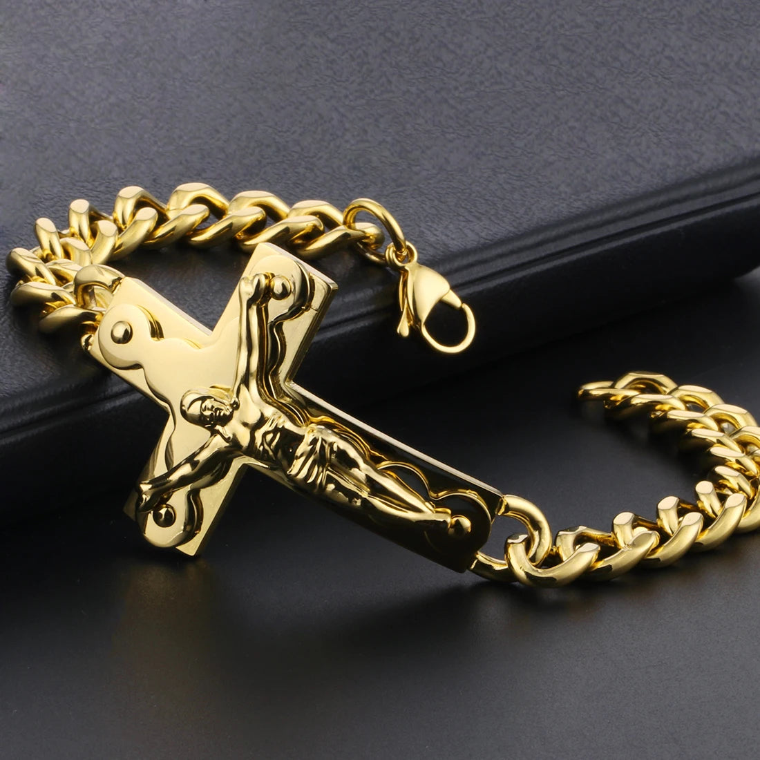 Crucifix Jesus Cross Charm Bracelets Stainless Steel Cuff Bracelets for Men Metal Cuban Hand Chain Religious Male Punk Jewelry