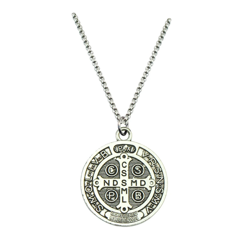 Classic Saint Benedict Medal Pendant Necklace Women Men Stainless Steel Bible Cross Necklace Christian Religious Jewelry