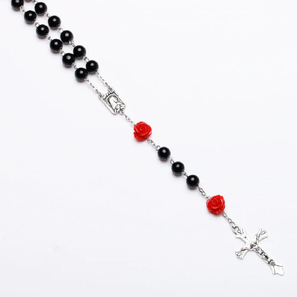 6MM Pink Rosary Necklace For Women Rose Glass Beads Chain Crucifix Cross INRI Pendant Men Religious Prayer Long Jewelry