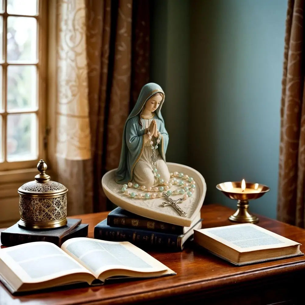 Virgin Mary Rosary Holder Statue Resin Elegant Our Lady Prayer Rosary Box Our Lady of Grace Statue Desktop Ornaments Home Decor