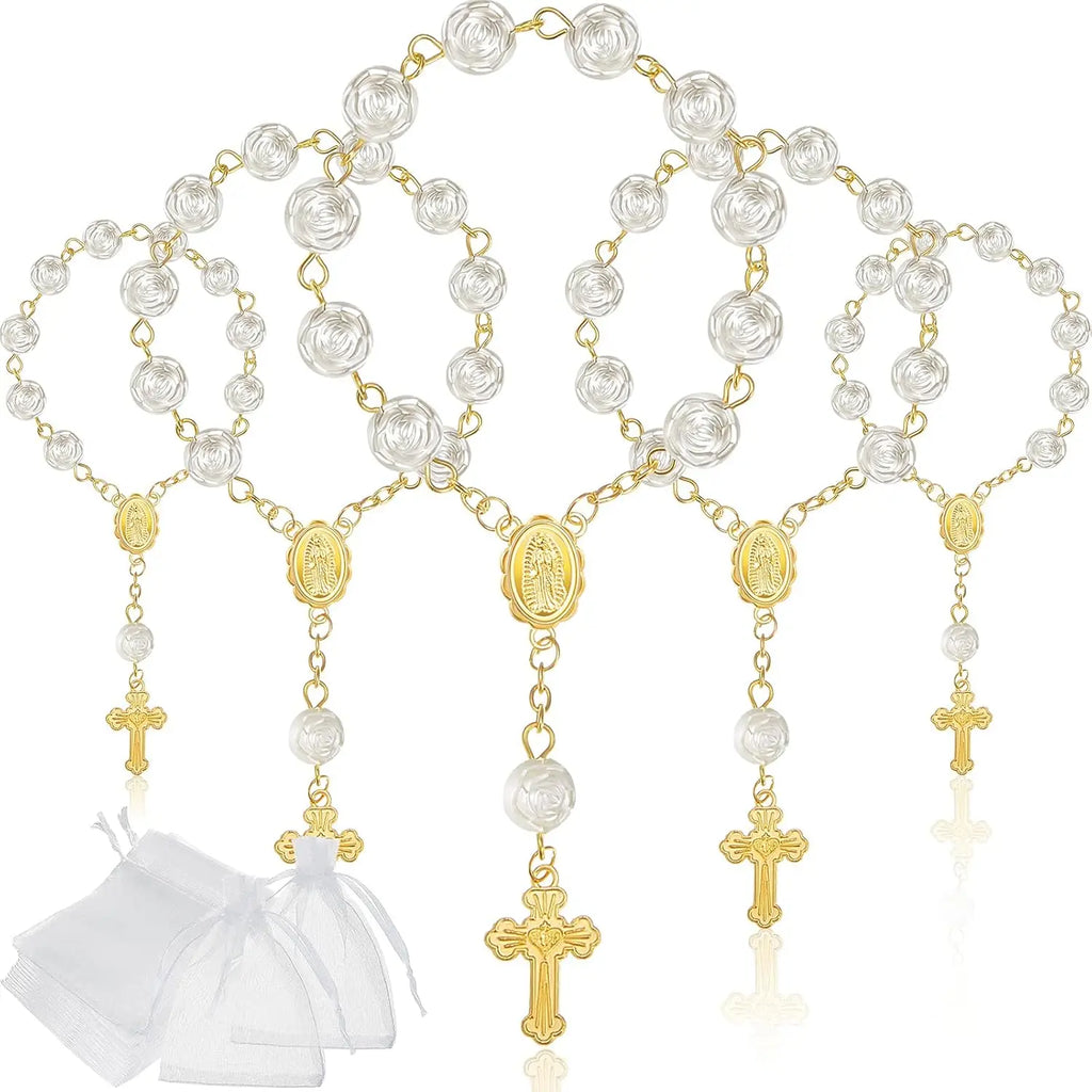 10-60 Pieces Mini Rosaries Baptism Rosary Beads Acrylic Ivory Color Finger Baptism Rosaries Faux Pearls with Organza Bags