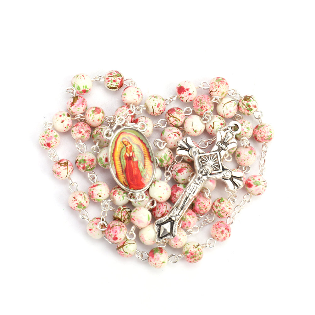 Catholic Rosary Small Size Round Blue Glass Beads Virgin Mary Jesus Necklace